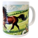 White ceramic mug with mare and her foal frolicking