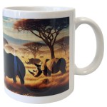 White ceramic mug rhinoceros in the savanna