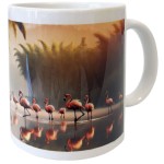 White ceramic mug pink flamingos