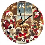 Glass Clock Christmas Puppies and Kittens 29 cm