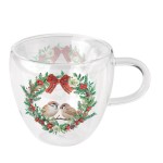 Double-walled glass tea cup sparrows in a Christmas wreath